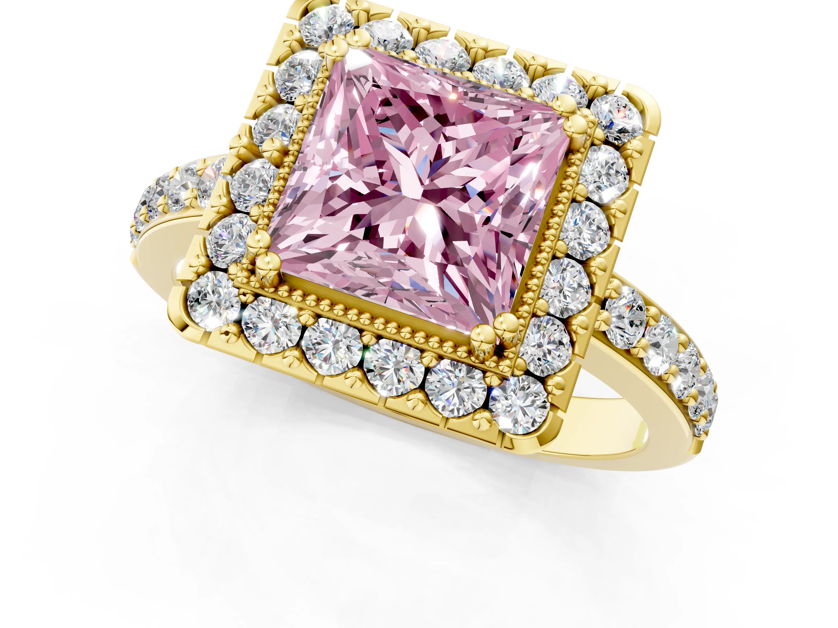 Yellow gold Fancy Pink Princess Cut Diamond Halo Ring with Pavé Band and Prong Setting_1