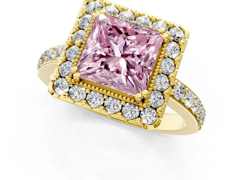 Yellow gold Fancy Pink Princess Cut Diamond Halo Ring with Pavé Band and Prong Setting_1