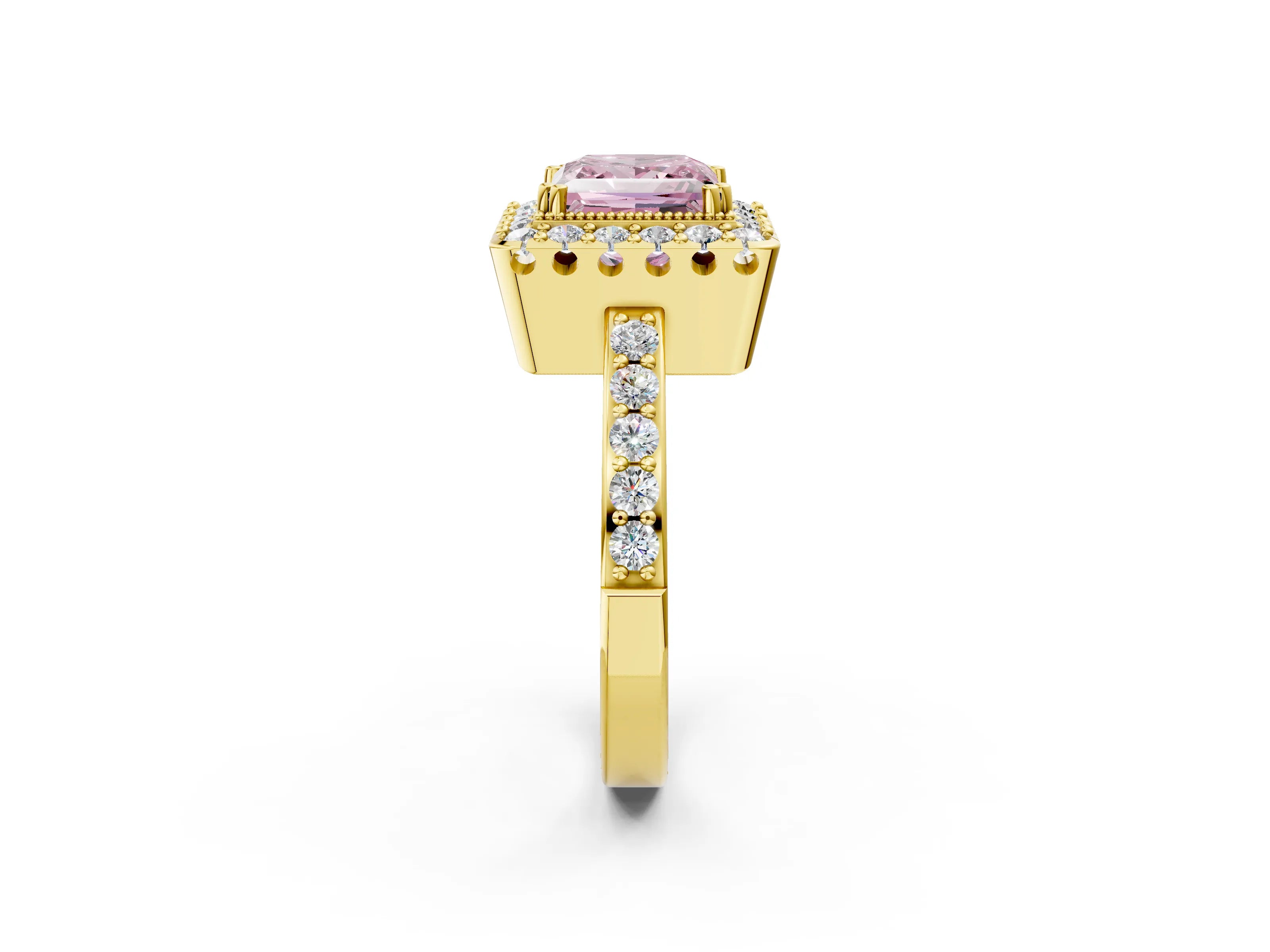 Yellow gold Fancy Pink Princess Cut Diamond Halo Ring with Pavé Band and Prong Setting_2