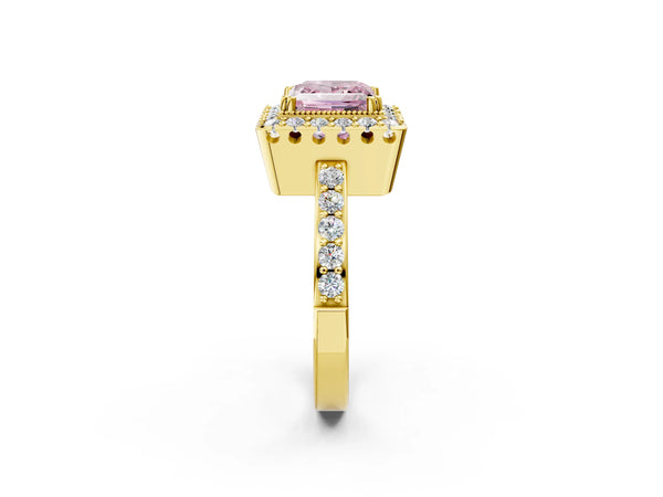 Yellow Gold Princess Cut Pierced Gallery Halo Engagement Ring Setting for Fancy Pink Center