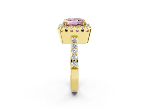 Yellow gold Fancy Pink Princess Cut Diamond Halo Ring with Pavé Band and Prong Setting_2