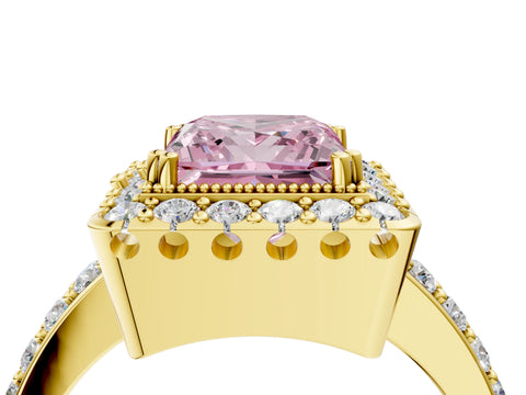 Yellow gold Fancy Pink Princess Cut Diamond Halo Ring with Pavé Band and Prong Setting_4