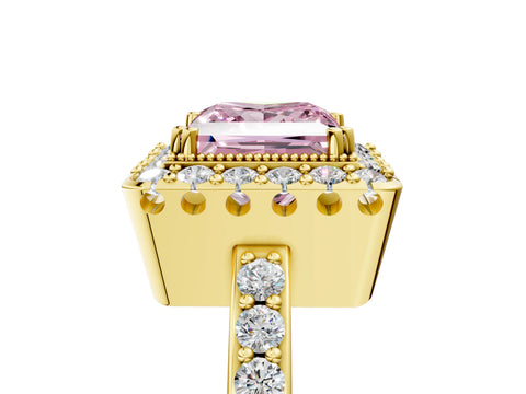 Yellow gold Fancy Pink Princess Cut Diamond Halo Ring with Pavé Band and Prong Setting_5