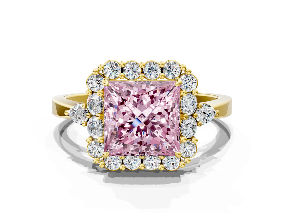 Yellow gold Fancy Pink Princess Cut Diamond Halo Ring with Pear Side Stones and Prong Setting_16