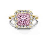 Yellow gold Fancy Pink Princess Cut Diamond Halo Ring with Pear Side Stones and Prong Setting_16