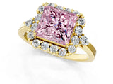 Yellow gold Fancy Pink Princess Cut Diamond Halo Ring with Pear Side Stones and Prong Setting_17