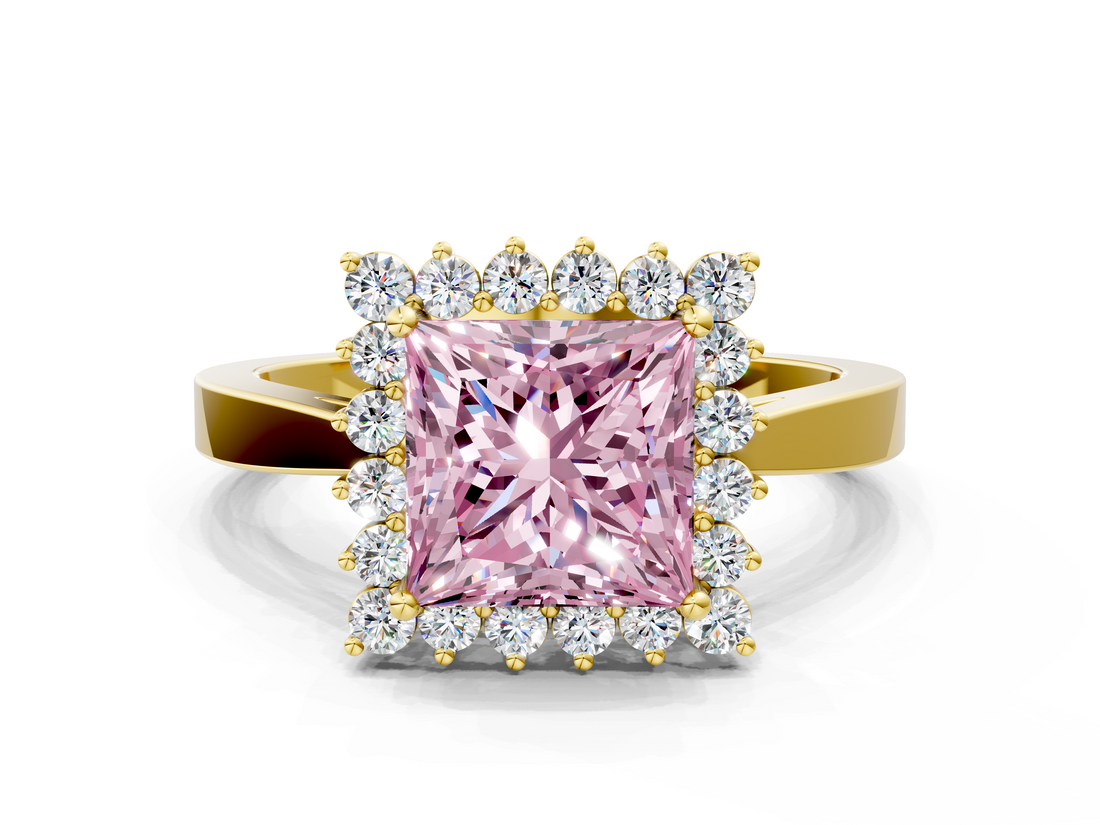 Yellow gold Fancy Pink Princess  Cut Diamond Halo Ring with Round Brilliant Halo and Solitaire Band