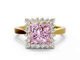 Yellow gold Fancy Pink Princess  Cut Diamond Halo Ring with Round Brilliant Halo and Solitaire Band