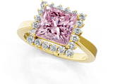 Yellow gold Fancy Pink Princess  Cut Diamond Halo Ring with Round Brilliant Halo and Solitaire Band_1