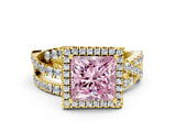Yellow gold Fancy Pink Princess Cut Diamond Halo Ring with Round Split Shank and Prong Setting_36