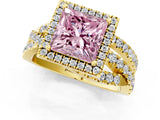 Yellow gold Fancy Pink Princess Cut Diamond Halo Ring with Round Split Shank and Prong Setting_37