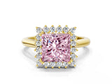 Yellow gold Fancy Pink Princess  Cut Diamond Halo Ring with Solitaire Band and Prong Setting_29