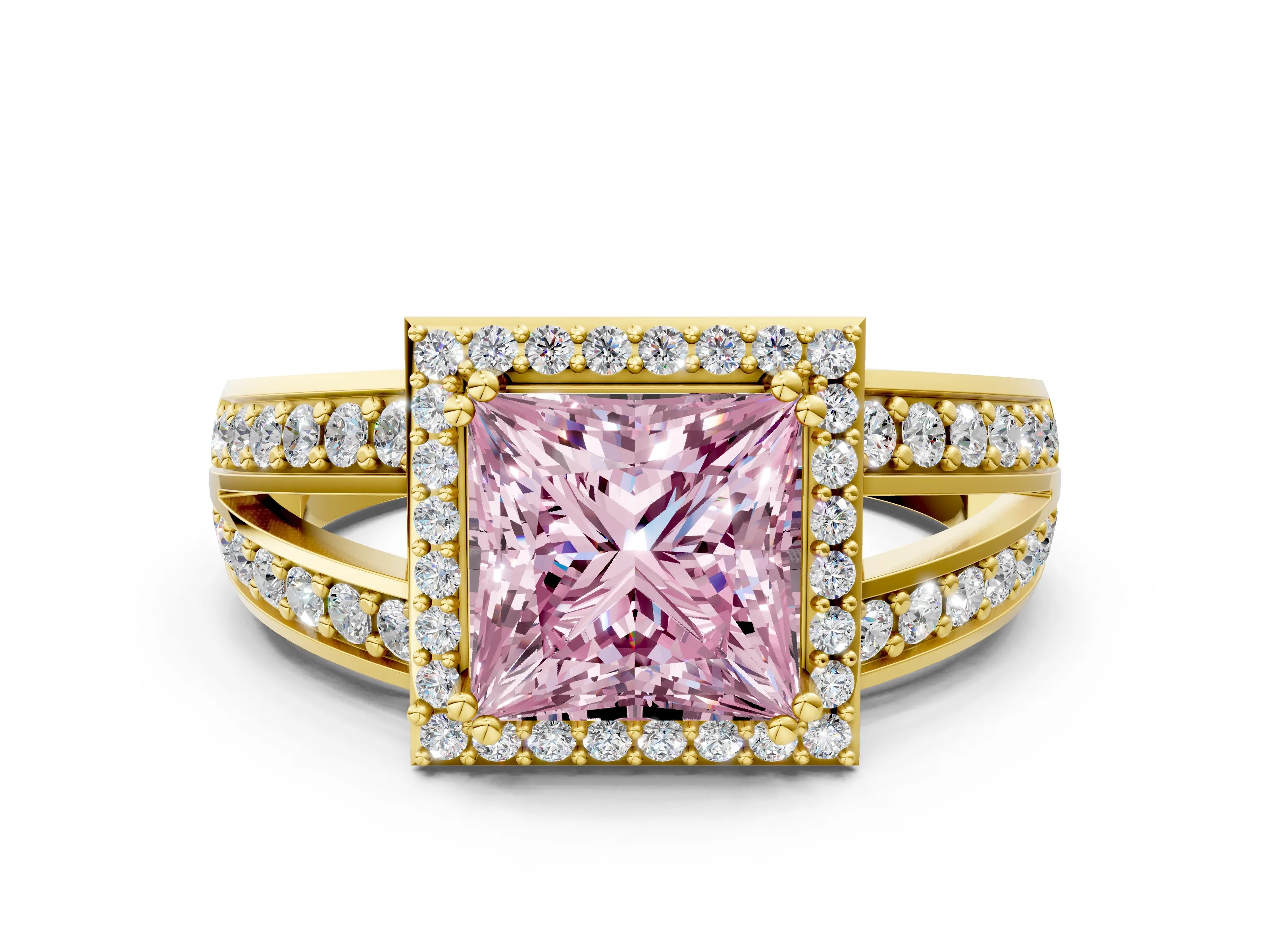 Yellow gold Fancy Pink Princess Cut Diamond Halo Ring with Split Shank Pavé Band and Four-Prong Setting