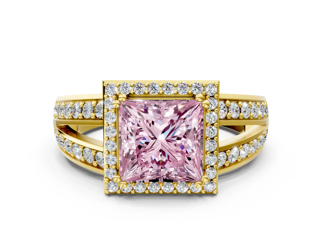 Yellow gold Fancy Pink Princess Cut Diamond Halo Ring with Split Shank Pavé Band and Four-Prong Setting