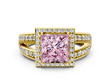 Yellow gold Fancy Pink Princess Cut Diamond Halo Ring with Split Shank Pavé Band and Four-Prong Setting