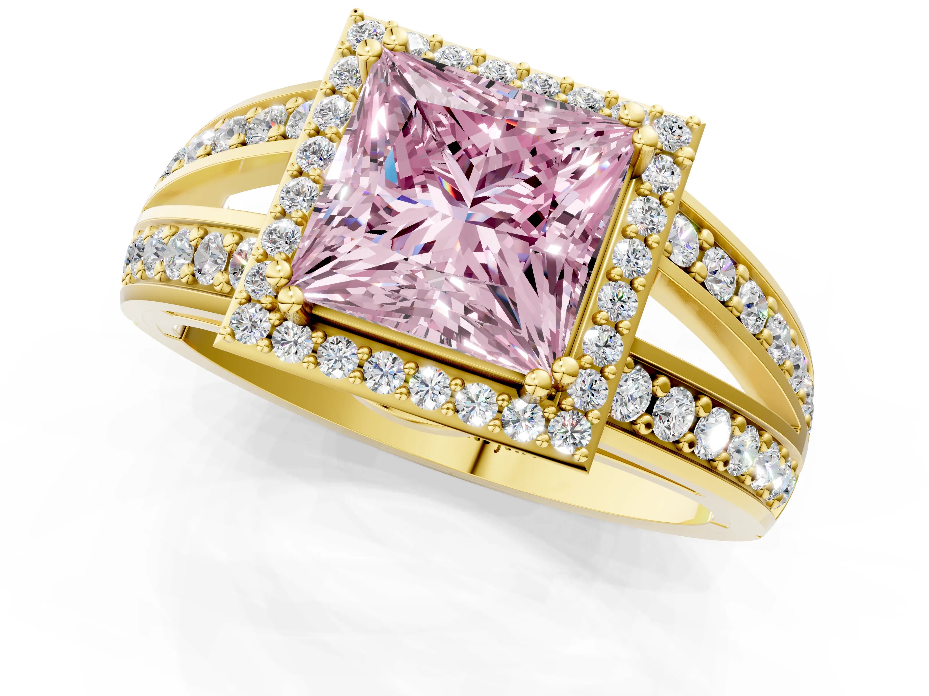 Yellow gold Fancy Pink Princess Cut Diamond Halo Ring with Split Shank Pavé Band and Four-Prong Setting_1