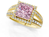 Yellow gold Fancy Pink Princess Cut Diamond Halo Ring with Split Shank Pavé Band and Four-Prong Setting_1