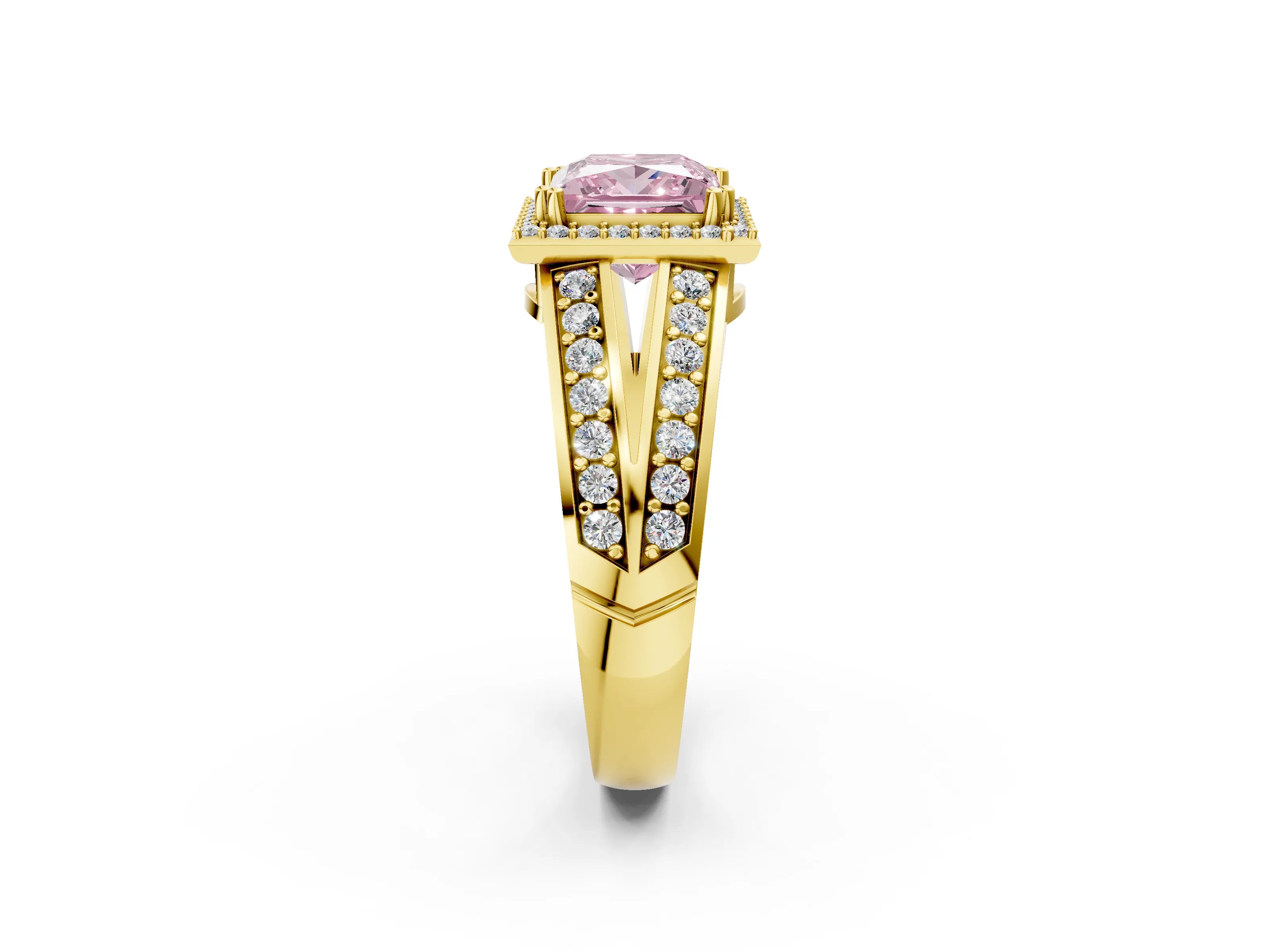 Yellow gold Fancy Pink Princess Cut Diamond Halo Ring with Split Shank Pavé Band and Four-Prong Setting_2