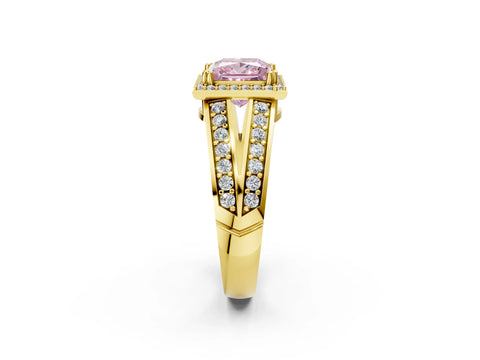 Yellow gold Fancy Pink Princess Cut Diamond Halo Ring with Split Shank Pavé Band and Four-Prong Setting_2