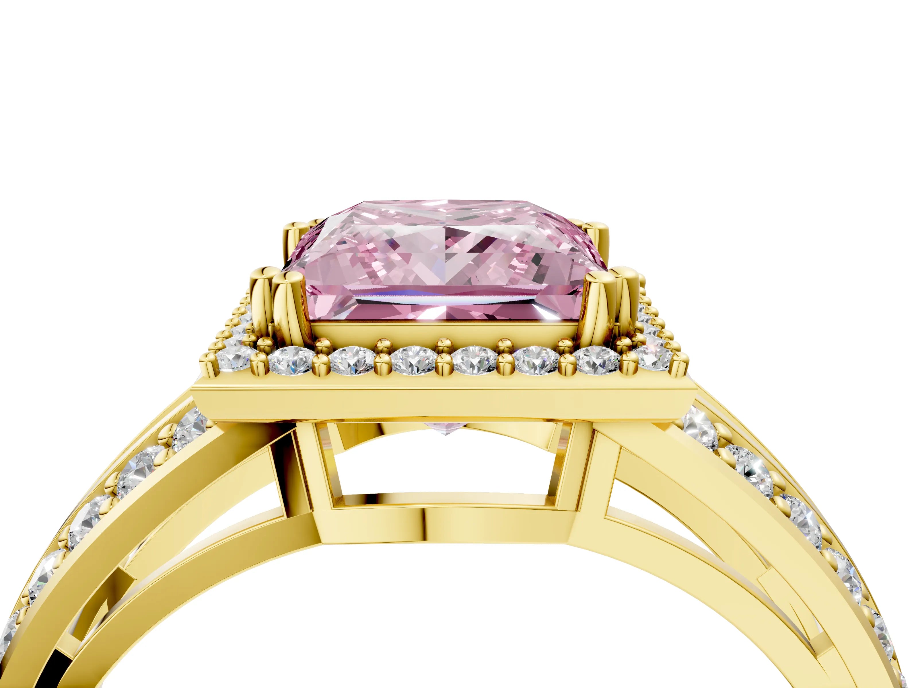 Yellow gold Fancy Pink Princess Cut Diamond Halo Ring with Split Shank Pavé Band and Four-Prong Setting_4