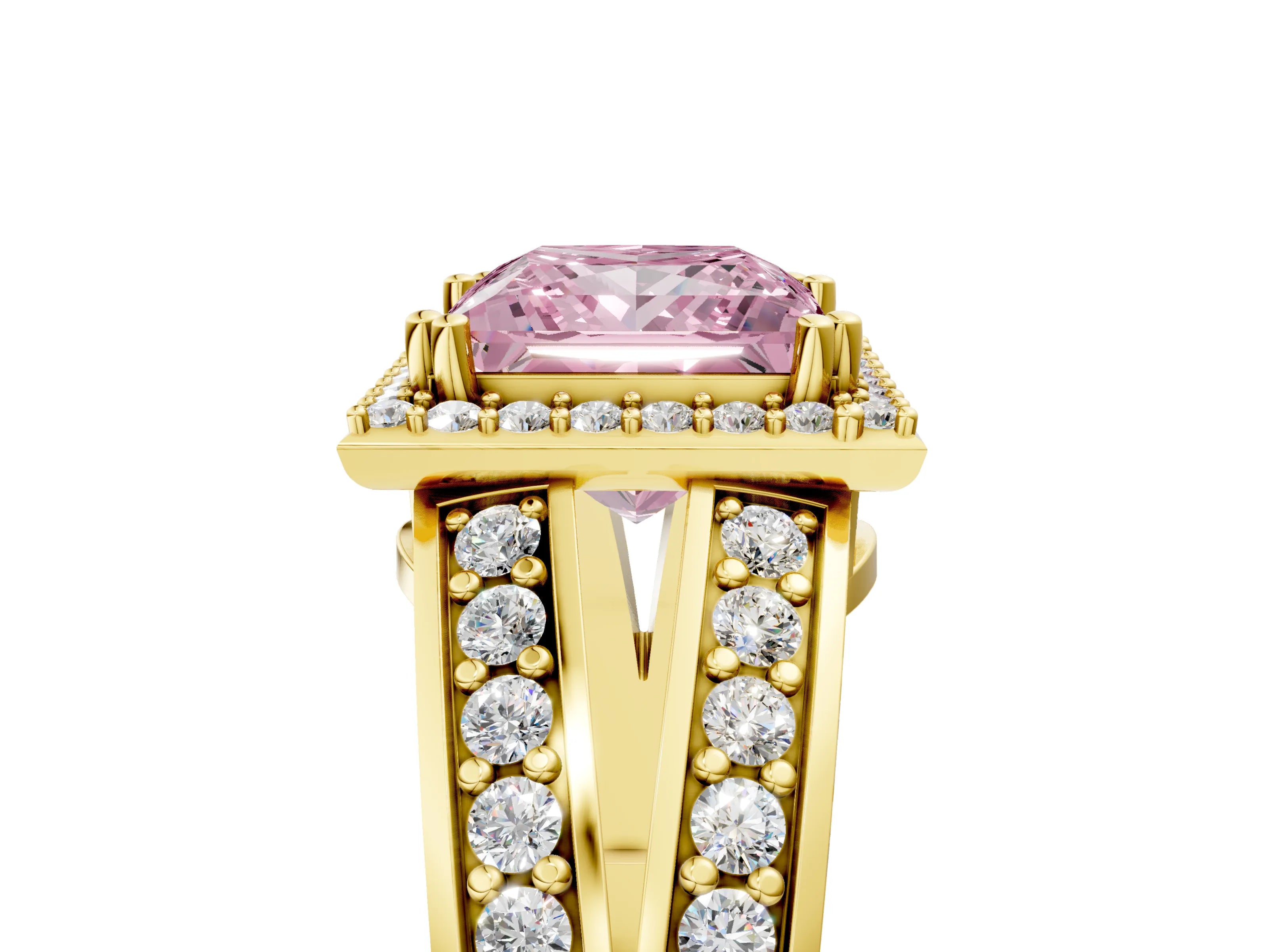 Yellow gold Fancy Pink Princess Cut Diamond Halo Ring with Split Shank Pavé Band and Four-Prong Setting_5