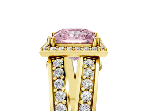 Yellow gold Fancy Pink Princess Cut Diamond Halo Ring with Split Shank Pavé Band and Four-Prong Setting_5