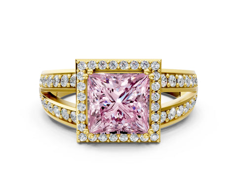 Yellow gold Fancy Pink Princess Cut Diamond Halo Ring with Split Shank Pavé Band and Four-Prong Setting