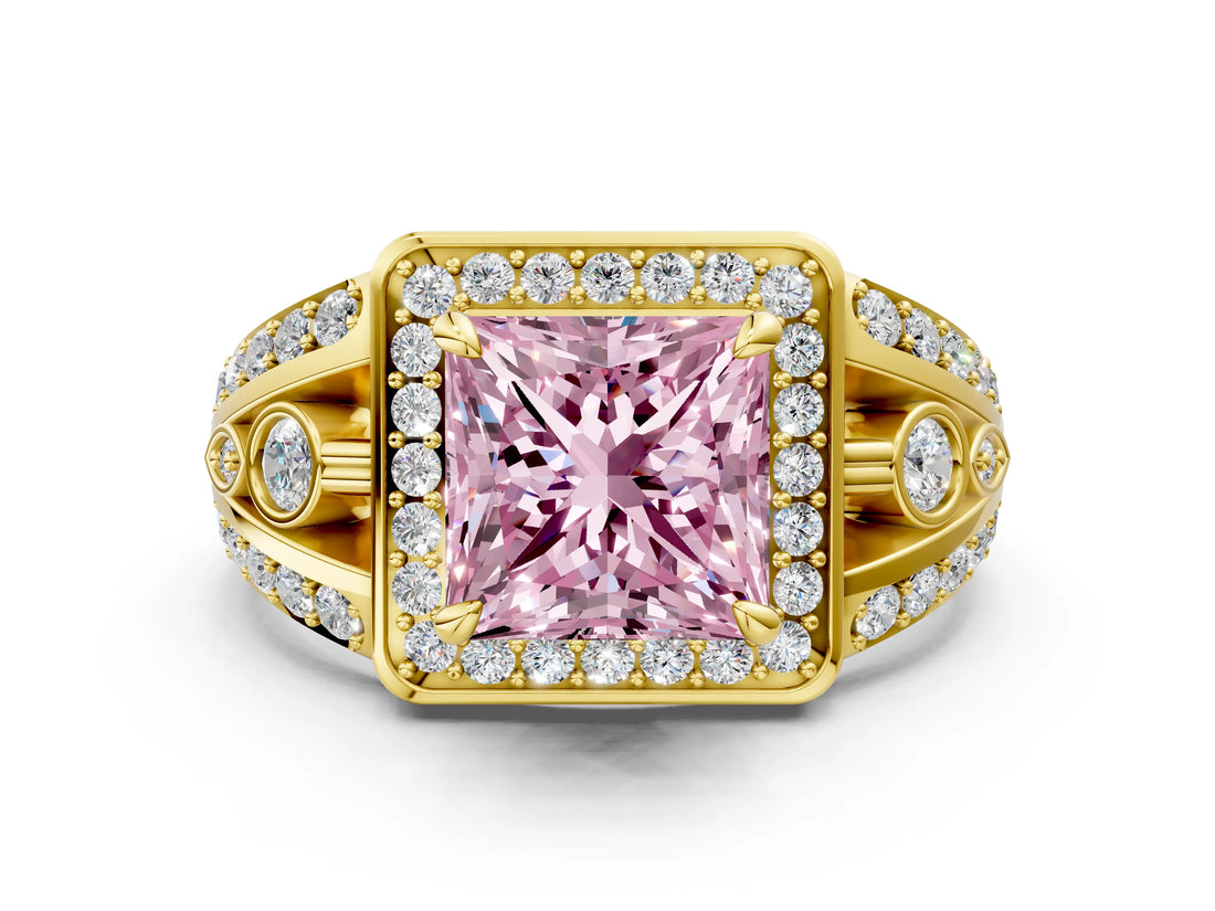 Yellow gold Fancy Pink Princess Cut Diamond Halo Ring with Split Shank and Bezel Accents and Four-Prong Setting