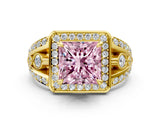 Yellow gold Fancy Pink Princess Cut Diamond Halo Ring with Split Shank and Bezel Accents and Four-Prong Setting