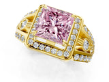 Yellow gold Fancy Pink Princess Cut Diamond Halo Ring with Split Shank and Bezel Accents and Four-Prong Setting_1