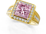 Yellow gold Fancy Pink Princess Cut Diamond Halo Ring with Split Shank and Bezel Accents and Prong Setting_1