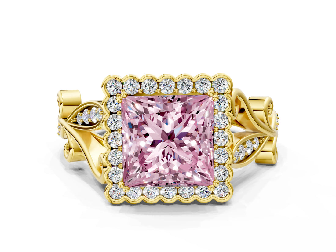 Yellow gold Fancy Pink Princess Cut Diamond Halo Ring with Vintage Split Shank and Four-Prong Setting_17