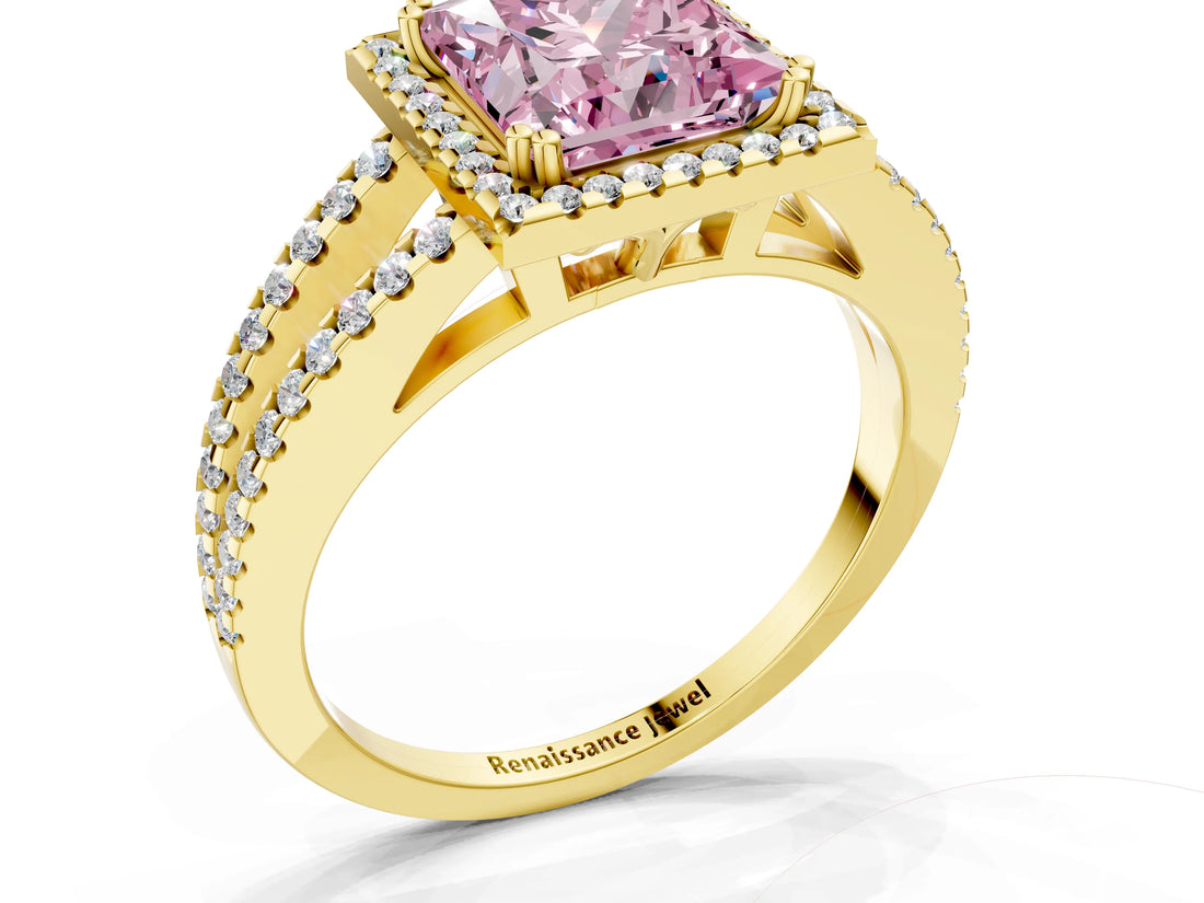Yellow gold Fancy Pink Princess Cut Diamond Halo Split Shank Engagement Ring_39