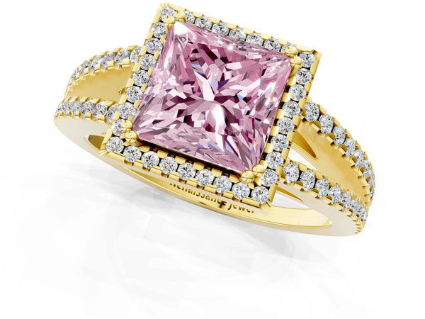 Yellow gold Fancy Pink Princess Cut Diamond Halo Split Shank Engagement Ring