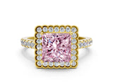 Yellow gold Fancy Pink Princess  Cut Diamond Milgrain Floral Halo Engagement Ring with Pavé Band_35