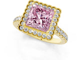 Yellow gold Fancy Pink Princess  Cut Diamond Milgrain Floral Halo Engagement Ring with Pavé Band_36