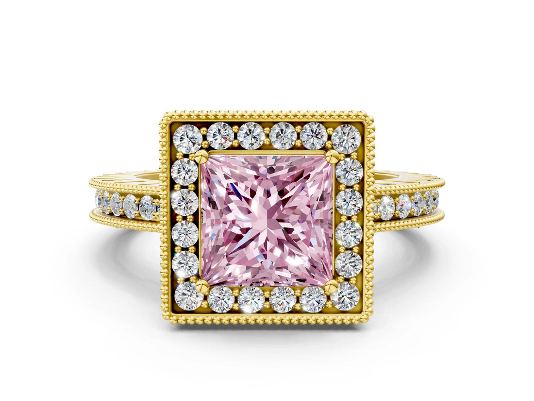 Yellow gold Fancy Pink Princess Cut Diamond Milgrain Halo Engagement Ring with Round Pavé Band and Prong Setting_12