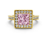 Yellow gold Fancy Pink Princess Cut Diamond Milgrain Halo Engagement Ring with Round Pavé Band and Prong Setting_12