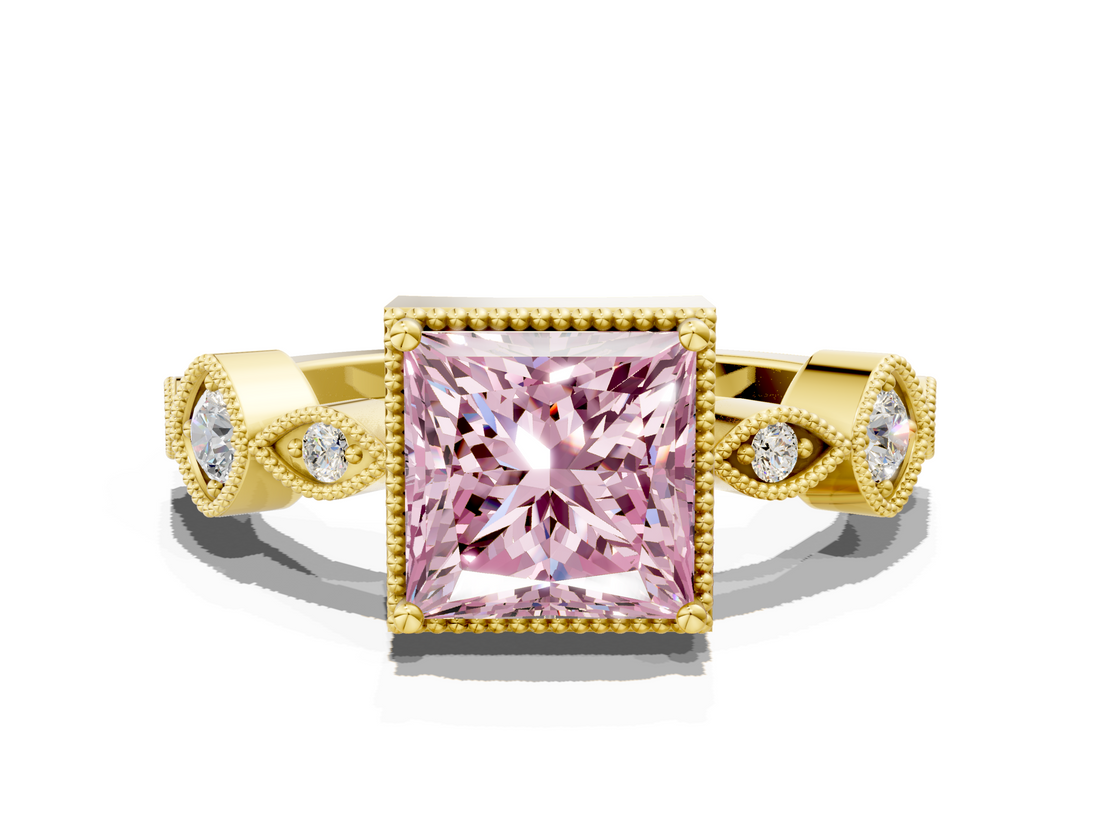 Yellow gold Fancy Pink Princess  Cut Diamond Milgrain Marquise Band with Prong Setting_3