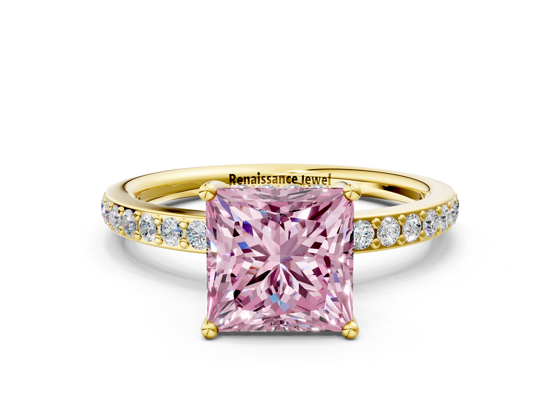 Yellow gold Fancy Pink Princess  Cut Diamond Pavé Band Ring with Four-Prong Setting