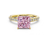 Yellow gold Fancy Pink Princess  Cut Diamond Pavé Band Ring with Four-Prong Setting