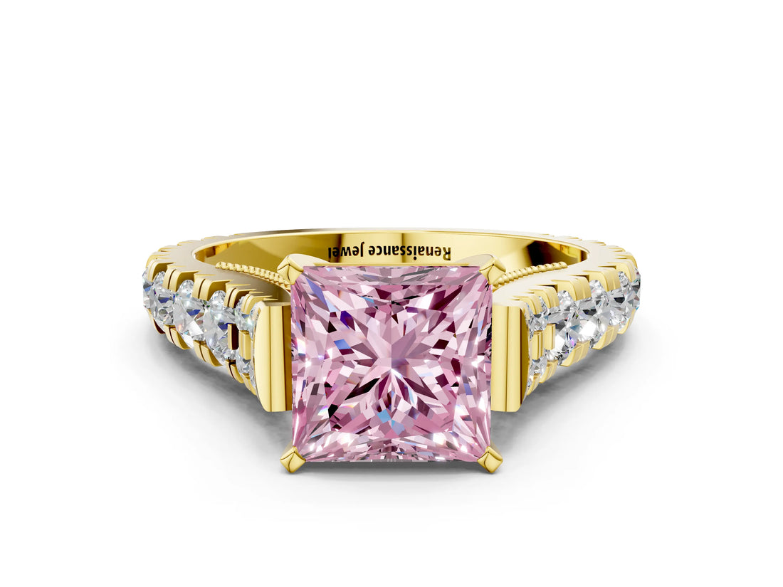 Yellow gold Fancy Pink Princess  Cut Diamond Pavé Band Solitaire with Four-Prong Setting_15