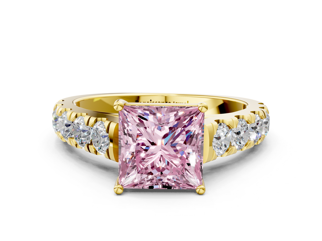 Yellow gold Fancy Pink Princess  Cut Diamond Pavé Band Solitaire with Four-Prong Setting_3