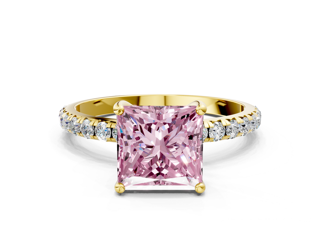 Yellow gold Fancy Pink Princess  Cut Diamond Pavé Band Solitaire with Four-Prong Setting_3