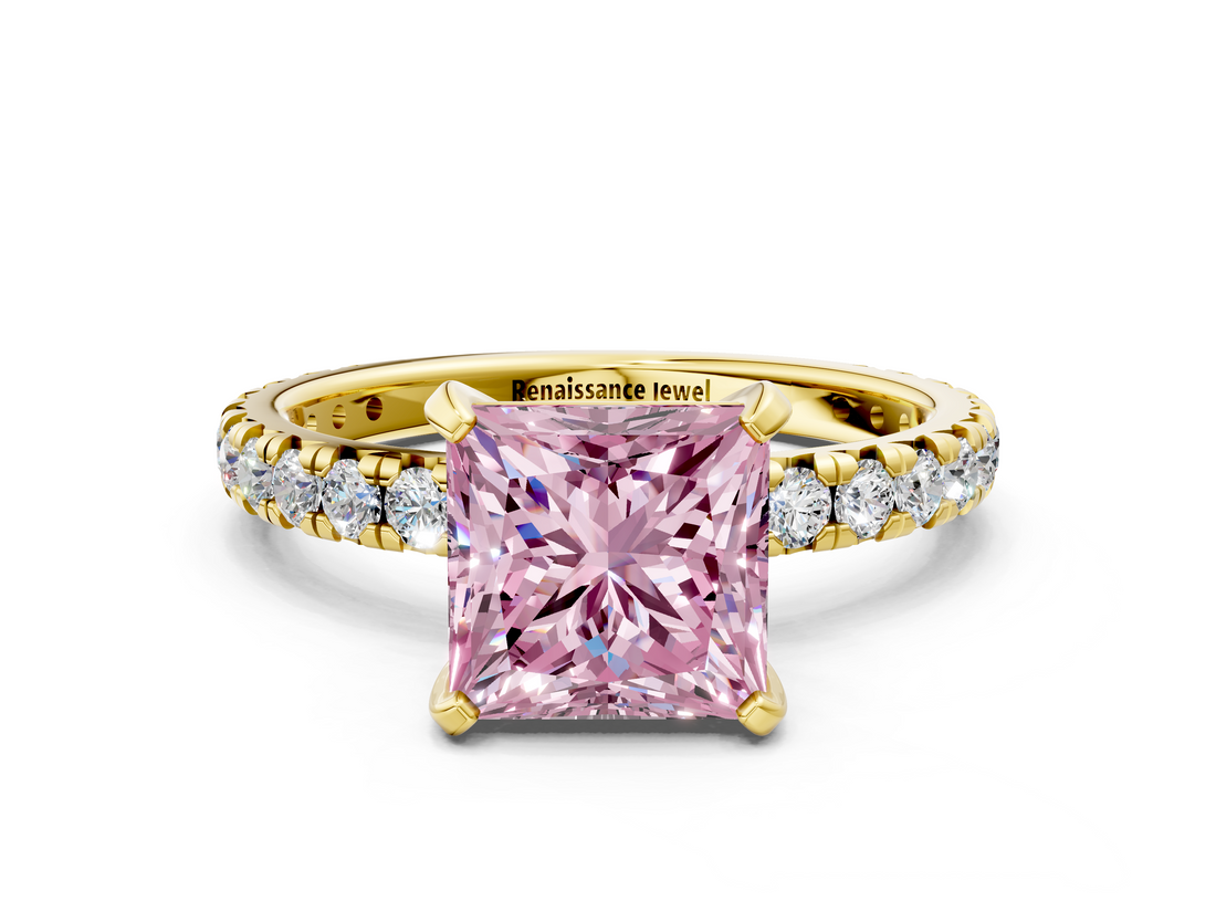 Yellow gold Fancy Pink Princess  Cut Diamond Pavé Band with Four-Prong Setting