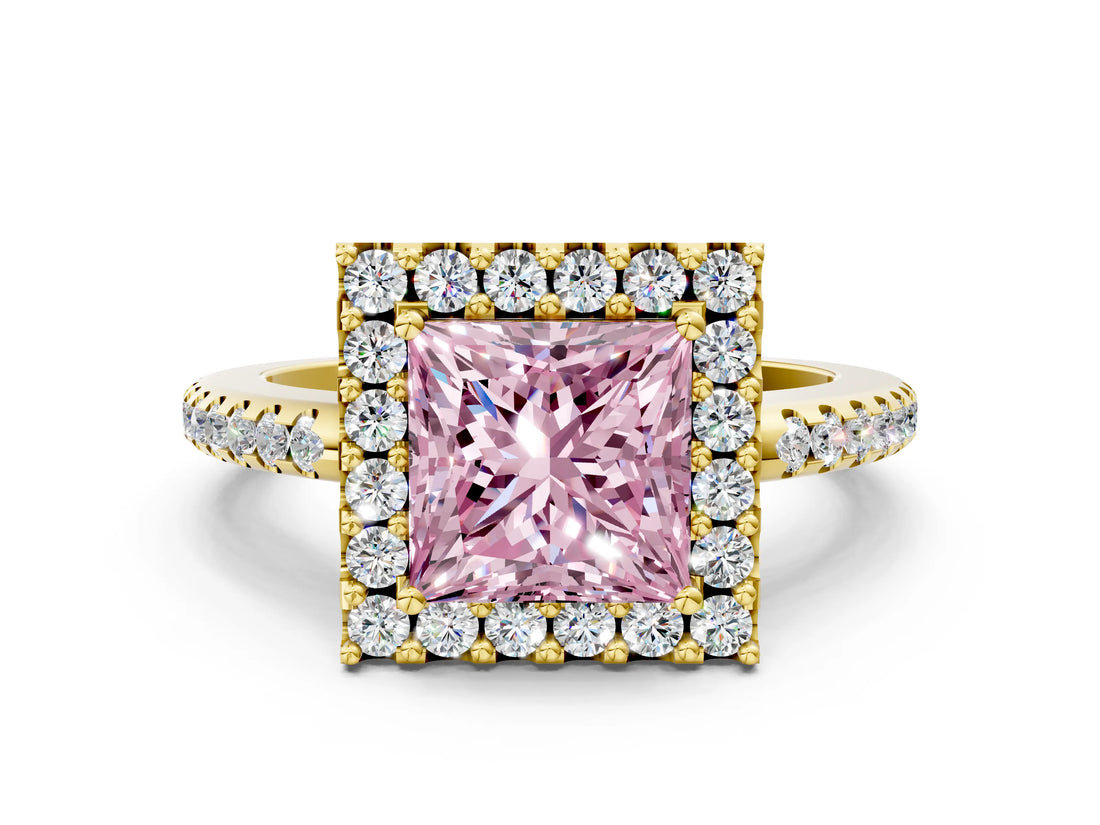 Yellow gold Fancy Pink Princess Cut Diamond Pavé Halo Ring with Four-Prong Setting_17