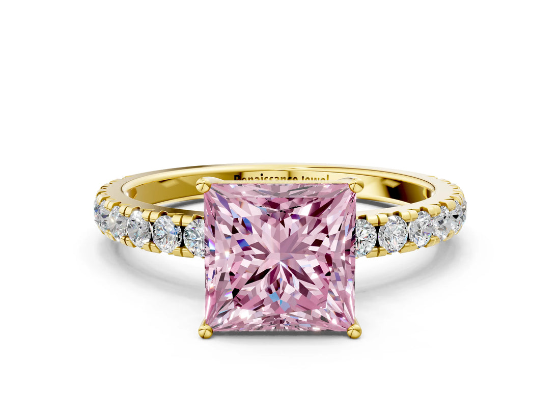 Yellow gold Fancy Pink Princess Cut Diamond Pavé Solitaire Engagement Ring with Four-Prong Setting_22
