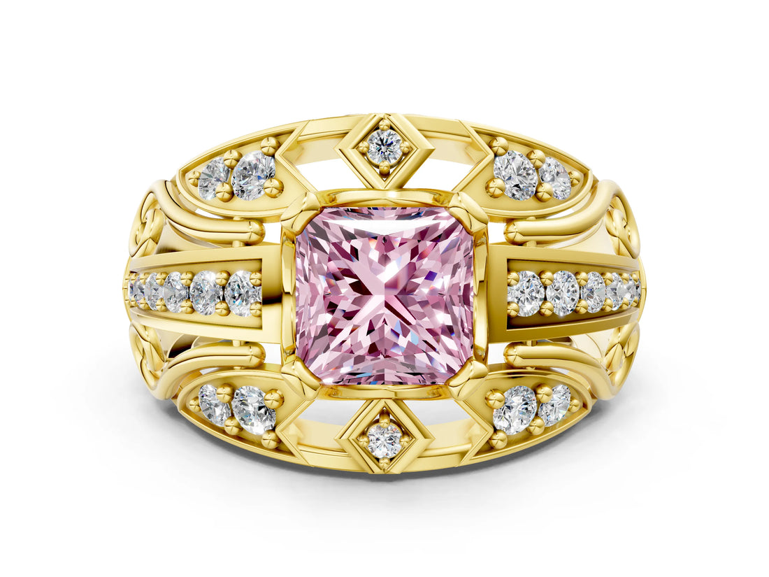 Yellow gold Fancy Pink Princess Cut Diamond Pave Art Deco Split Shank Ring with Four-Prong Setting