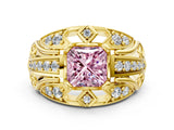 Yellow gold Fancy Pink Princess Cut Diamond Pave Art Deco Split Shank Ring with Four-Prong Setting