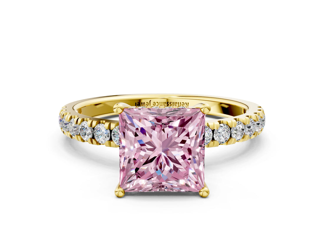 Yellow gold Fancy Pink Princess Cut Diamond Pave Band Solitaire Ring with Four-Prong Setting_17